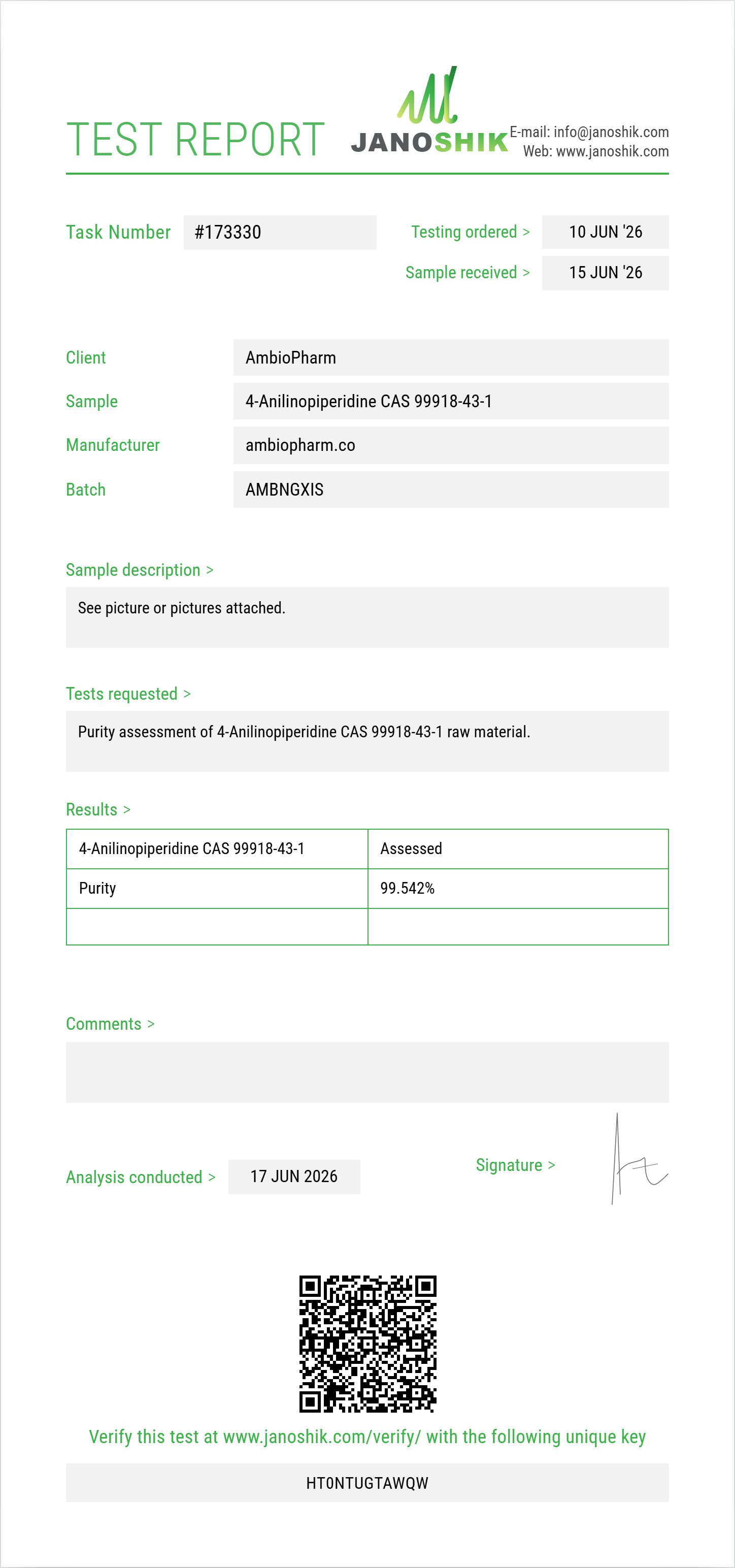 4-Anilinopiperidine CAS 99918-43-1 Purity (HPLC) report by Janoshik Analytical