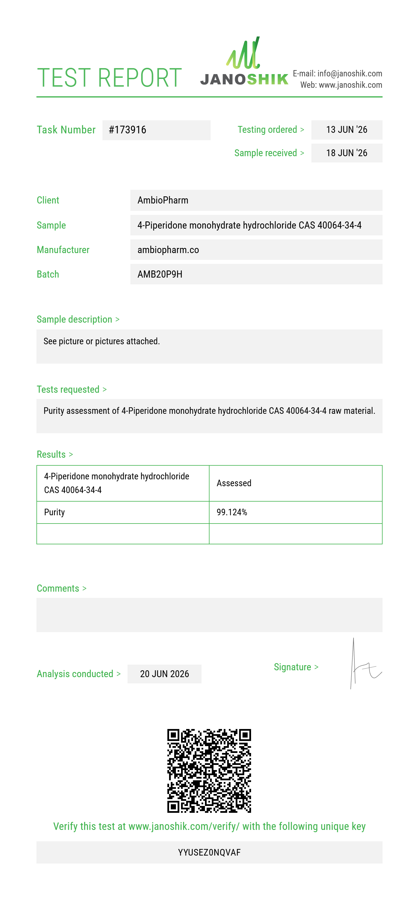 4-Piperidone monohydrate hydrochloride CAS 40064-34-4 Purity (HPLC) report by Janoshik Analytical