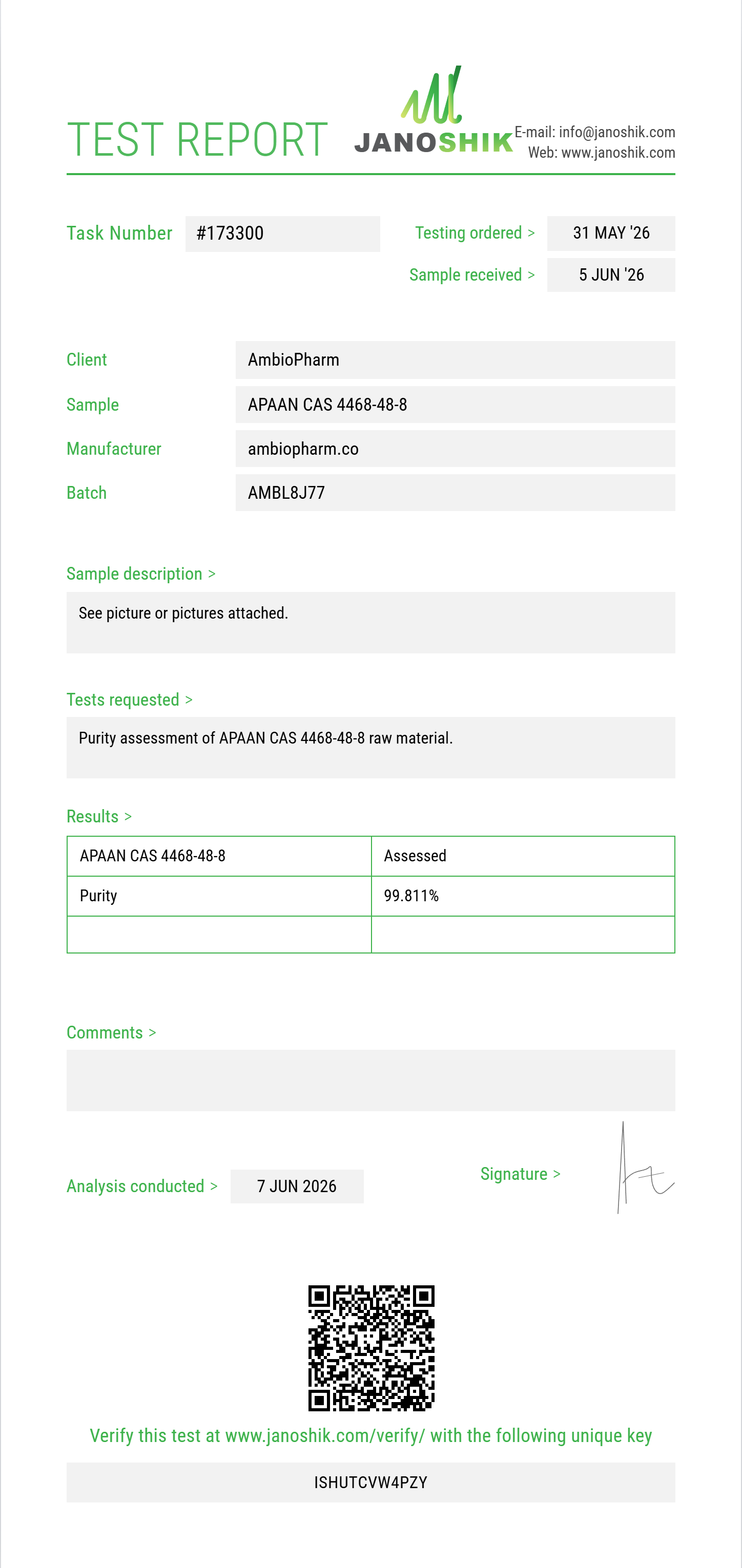 APAAN (alpha-phenylacetoacetonitrile) CAS 4468-48-8 Purity (HPLC) report by Janoshik Analytical