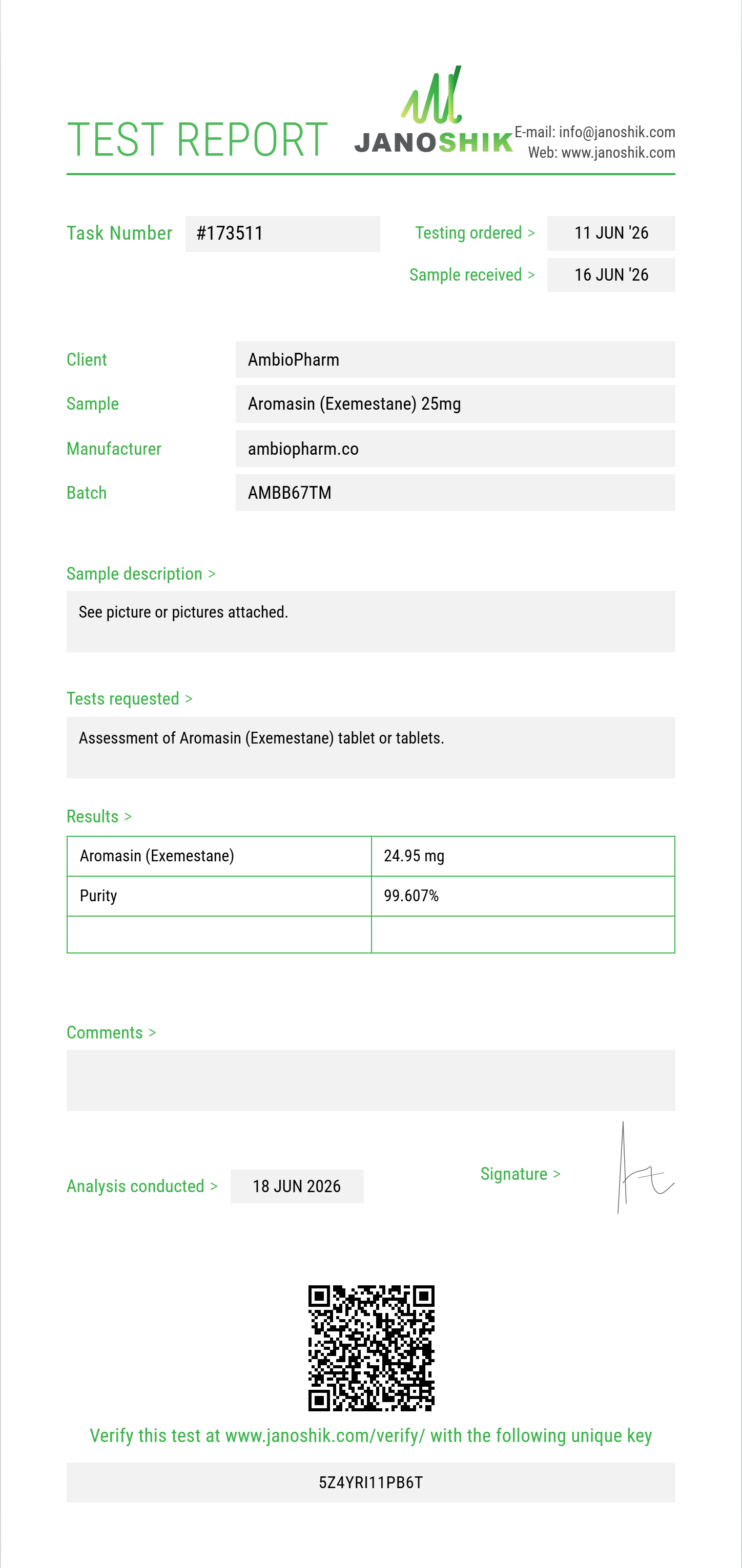 Aromasin (Exemestane) Purity (HPLC) report by Janoshik Analytical