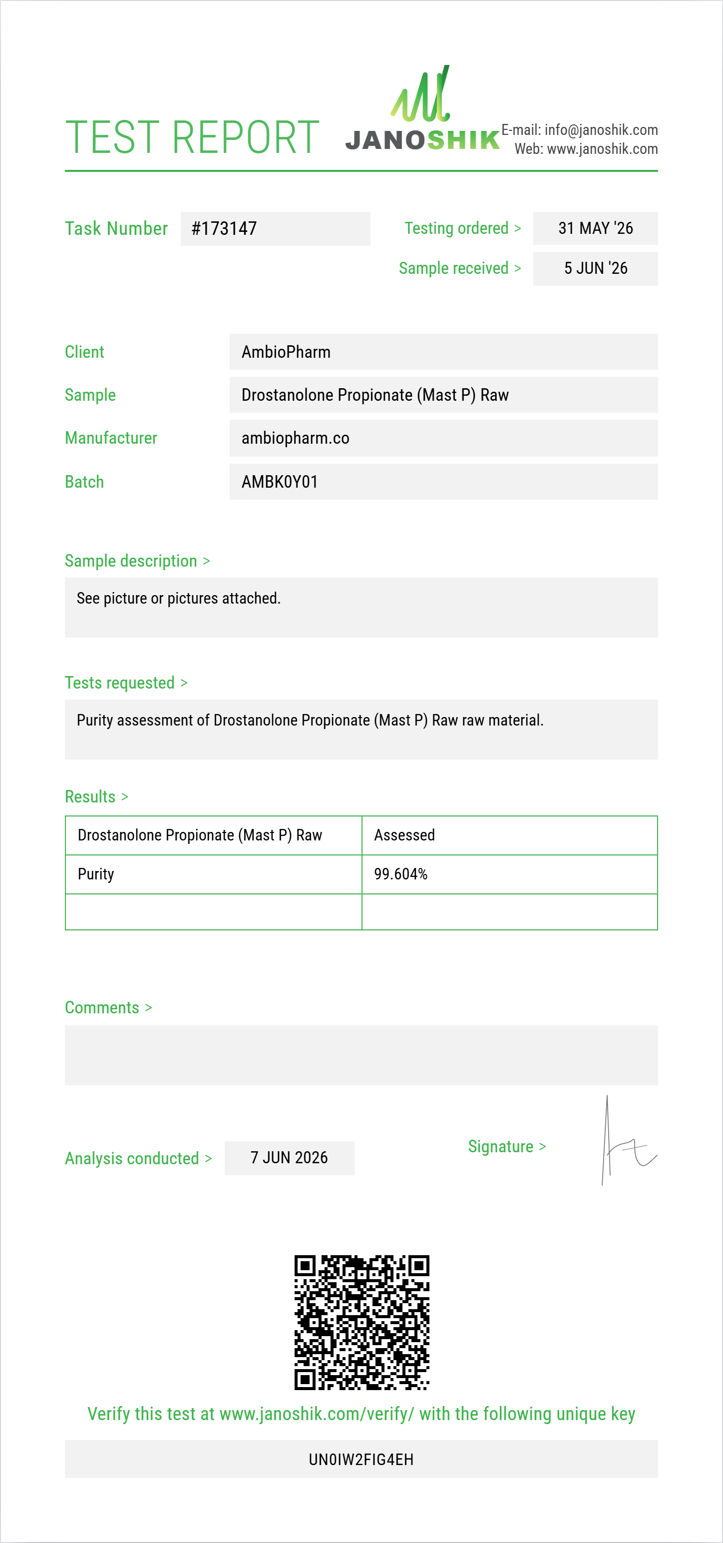Drostanolone Propionate (Mast P) Raw Purity (HPLC) report by Janoshik Analytical