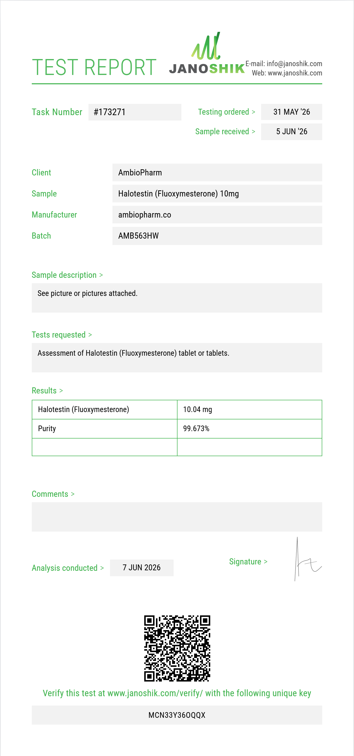 Halotestin (Fluoxymesterone) Purity (HPLC) report by Janoshik Analytical