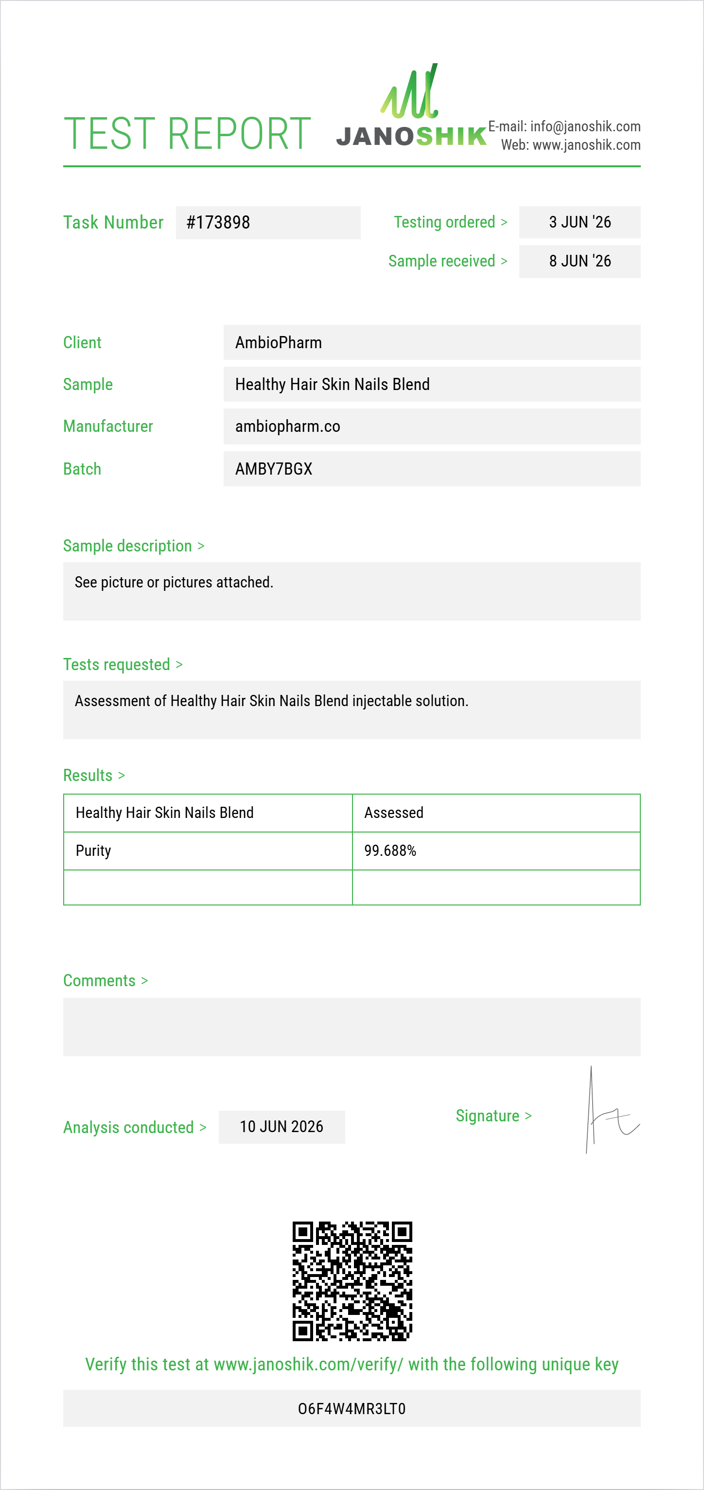 Healthy Hair Skin Nails Blend (Niacinamide+Thiamine+Pantothenic Acid+Choline+Inositol+Niacin+Biotin+Folic Acid+Riboflavin) Purity (HPLC) report by Janoshik Analytical