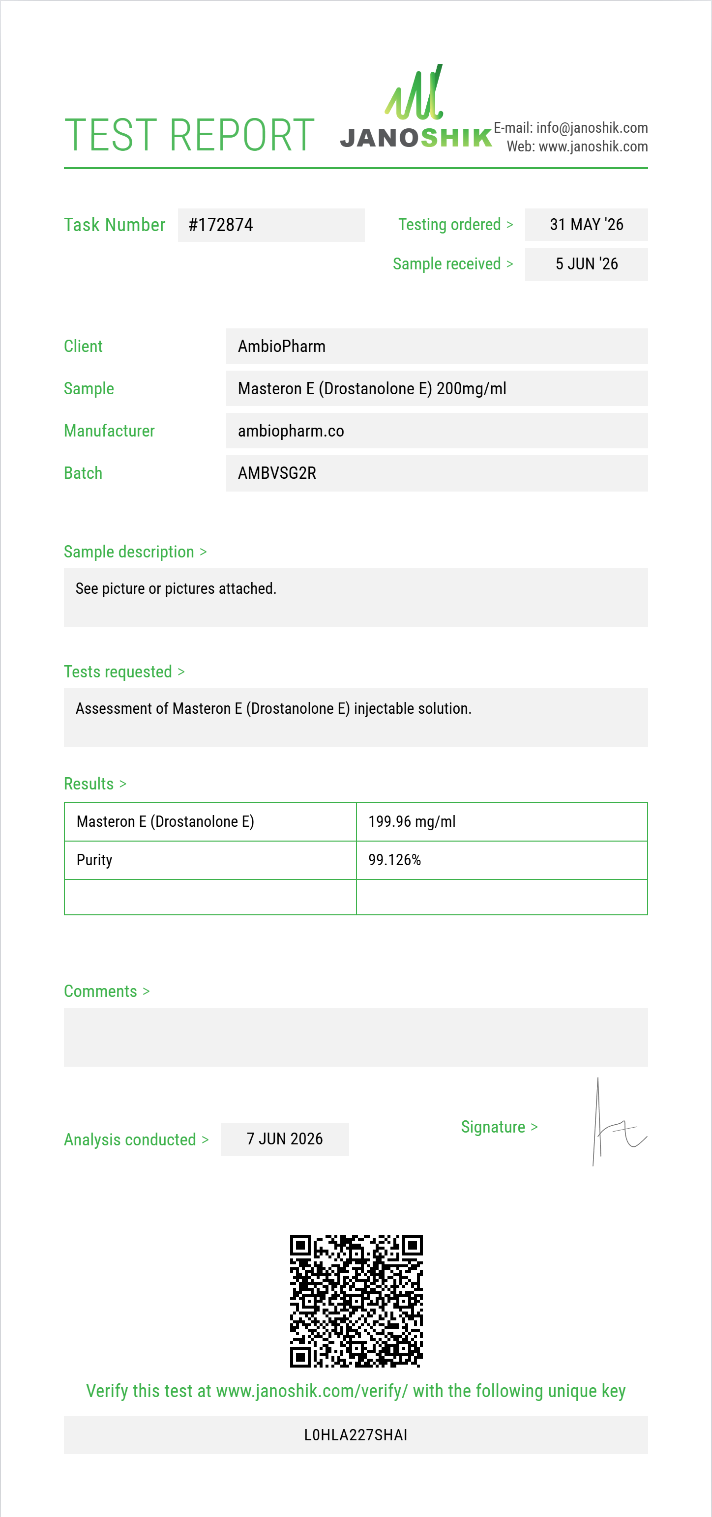 Masteron E (Drostanolone E) Purity (HPLC) report by Janoshik Analytical