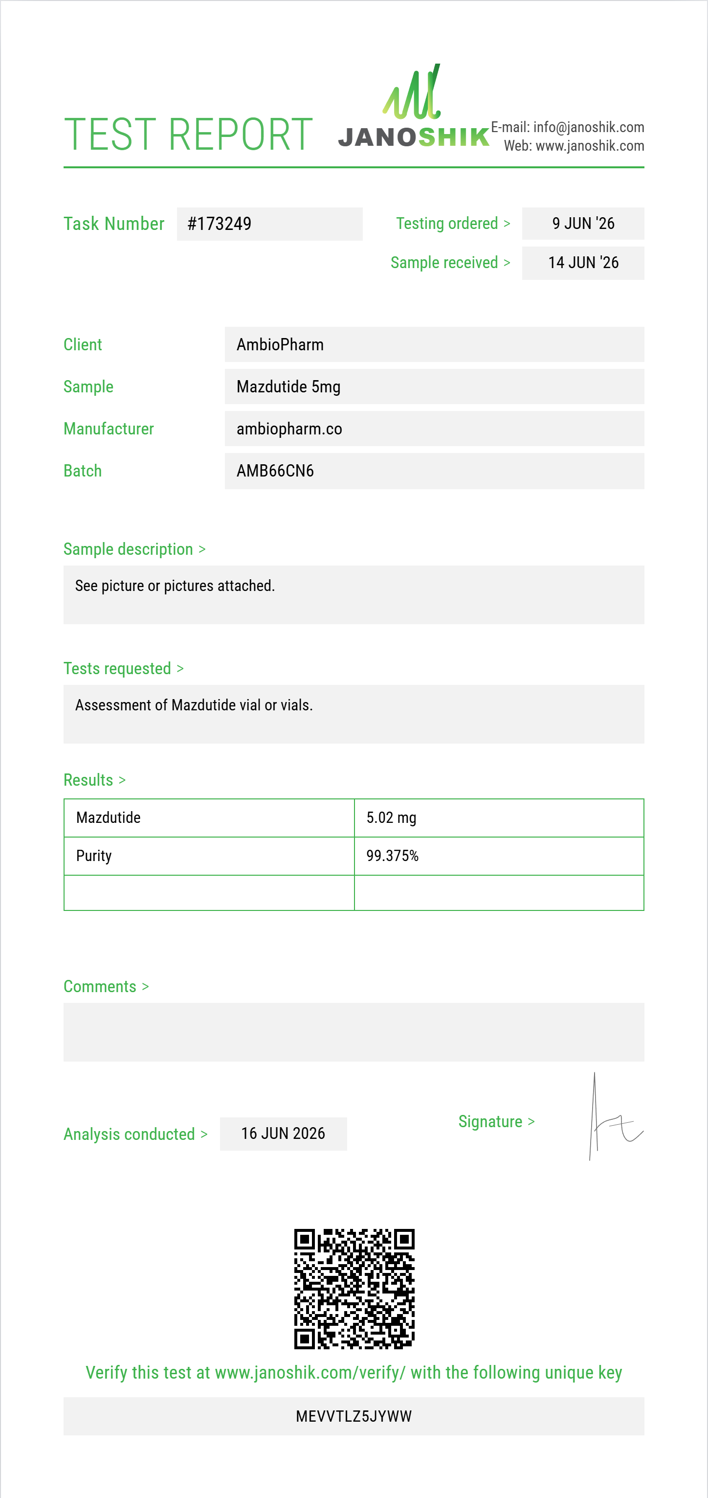 Mazdutide Purity (HPLC) report by Janoshik Analytical
