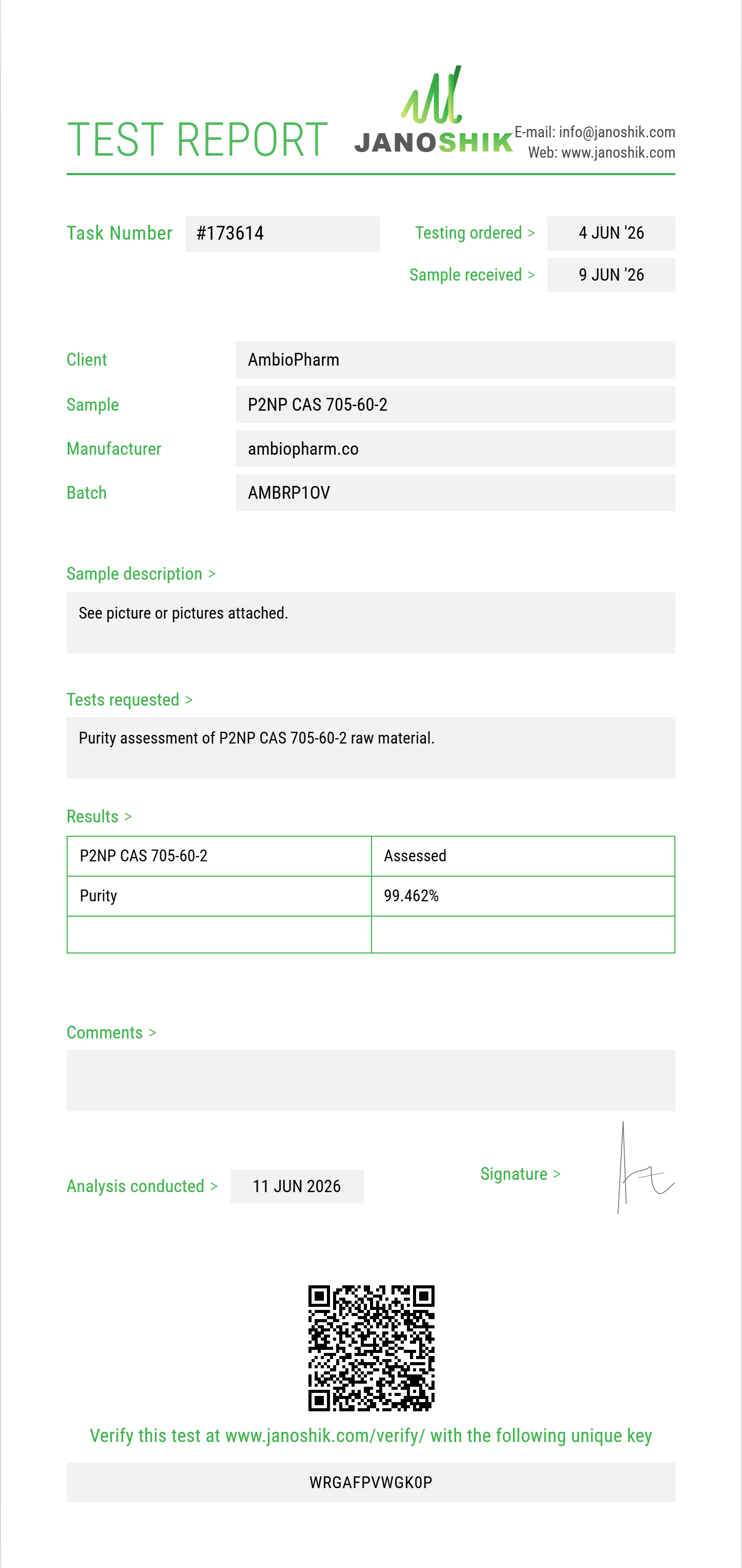 P2NP (1-phenyl-2-nitropropene) CAS 705-60-2 Purity (HPLC) report by Janoshik Analytical
