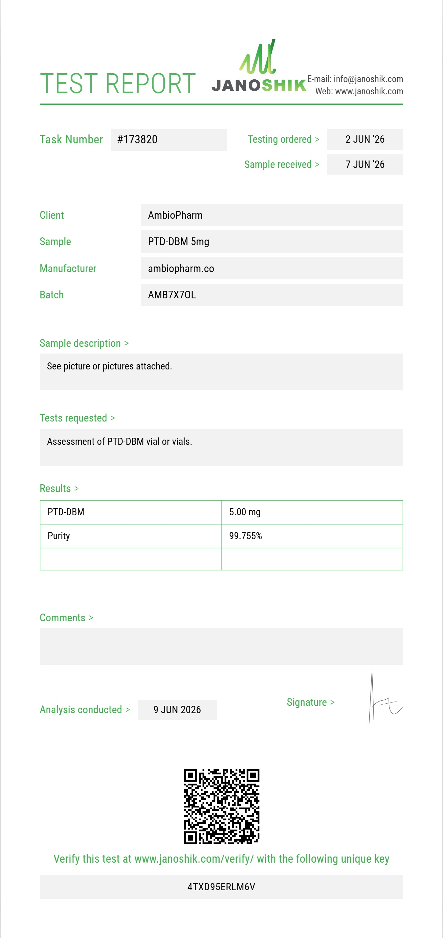 PTD-DBM Purity (HPLC) report by Janoshik Analytical