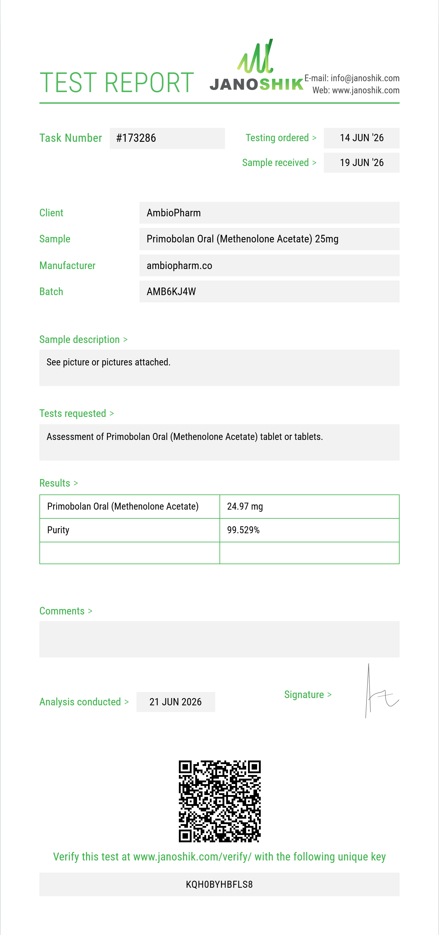 Primobolan Oral (Methenolone Acetate) Purity (HPLC) report by Janoshik Analytical
