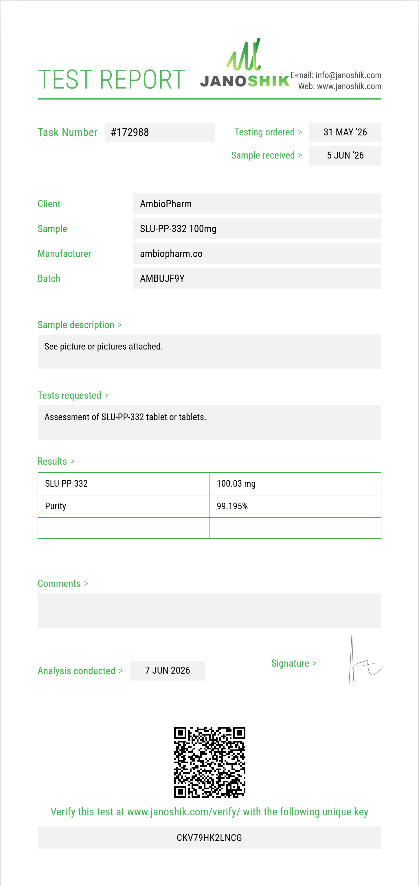 SLU-PP-332 Purity (HPLC) report by Janoshik Analytical