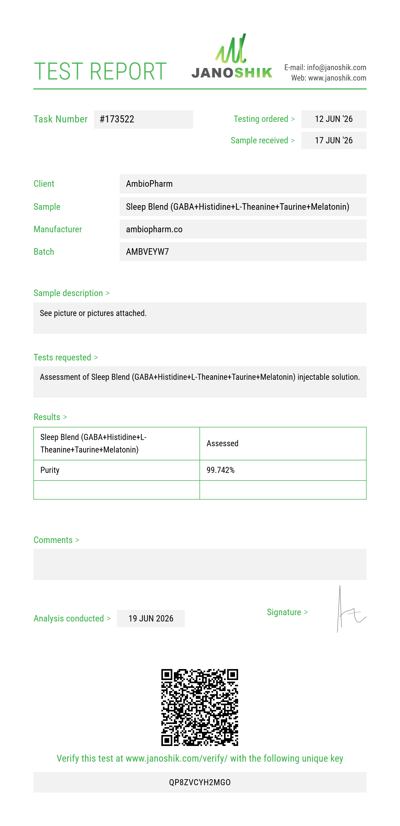 Sleep Blend (GABA 100mg+Histidine 100mg+L-Theanine 50mg+Taurine 100mg+Melatonin 2mg) Purity (HPLC) report by Janoshik Analytical
