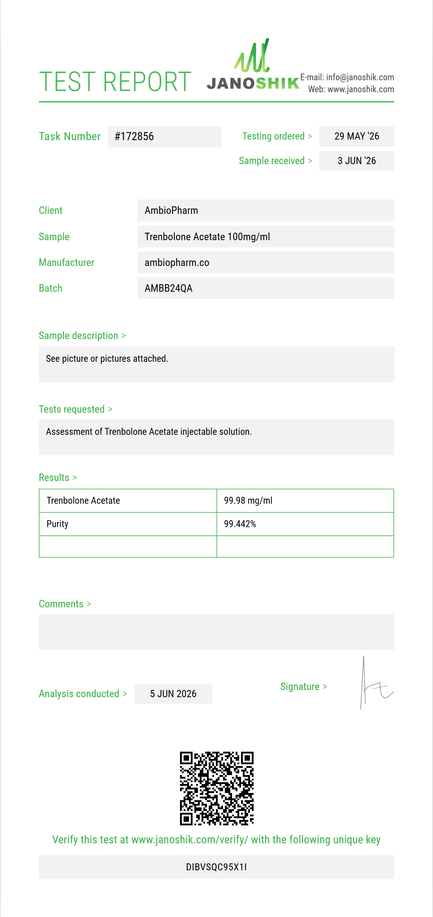 Trenbolone Acetate Purity (HPLC) report by Janoshik Analytical