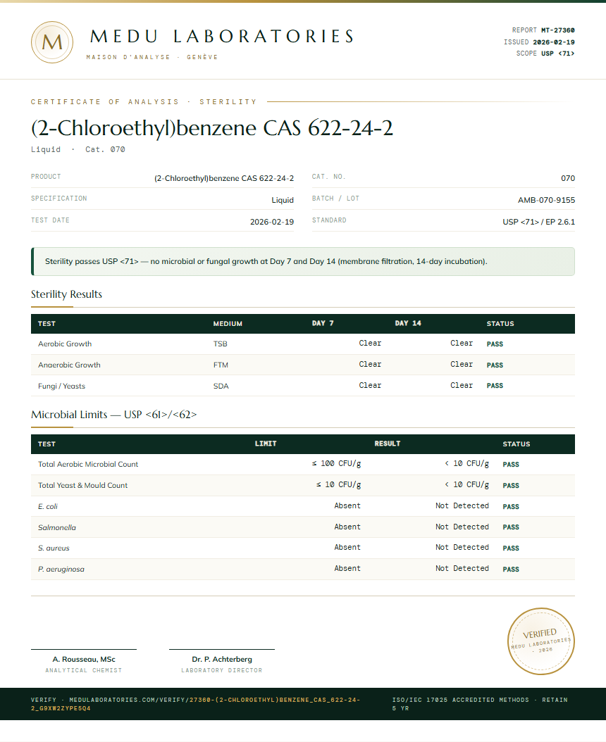 (2-Chloroethyl)benzene CAS 622-24-2 Sterility report by Medu Laboratories