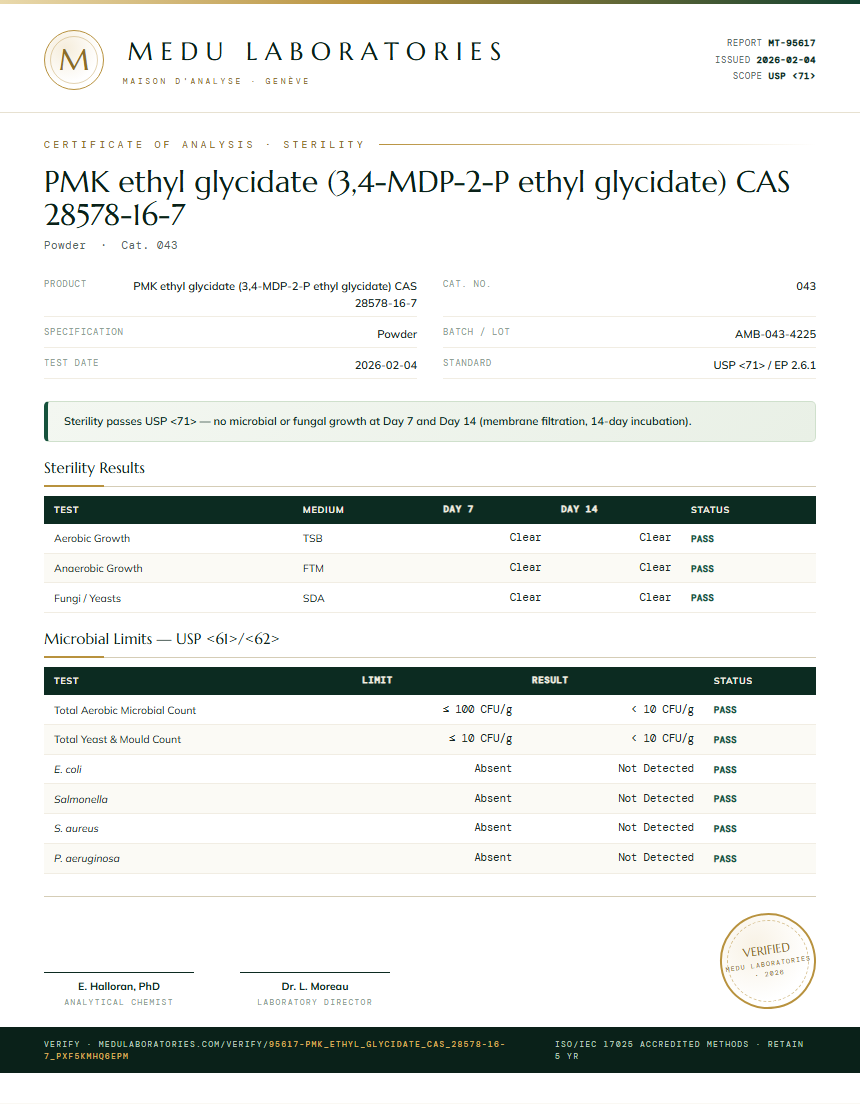 PMK ethyl glycidate (3,4-MDP-2-P ethyl glycidate) CAS 28578-16-7 Sterility report by Medu Laboratories