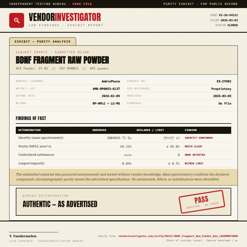 BDNF Fragment Raw Powder Purity (HPLC) report by VendorInvestigator
