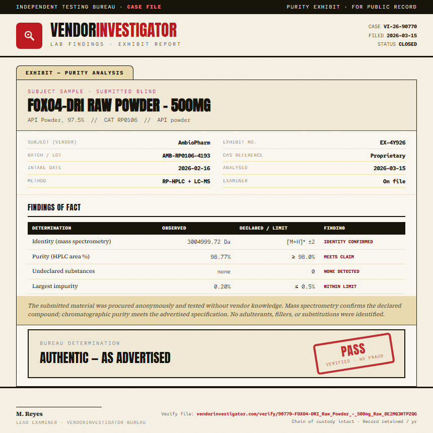 FOXO4-DRI Raw Powder - 500mg Purity (HPLC) report by VendorInvestigator
