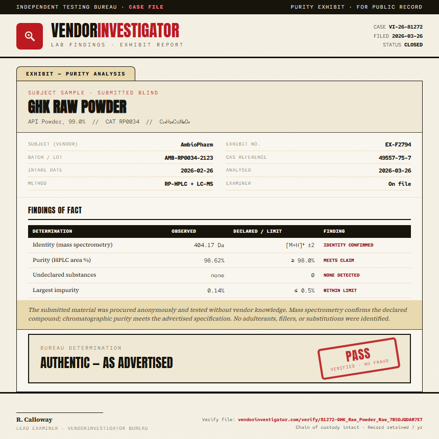 GHK Raw Powder Purity (HPLC) report by VendorInvestigator
