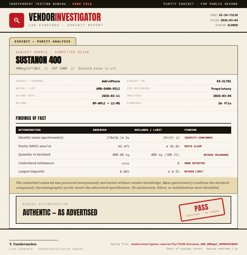 Sustanon 400 Purity (HPLC) report by VendorInvestigator
