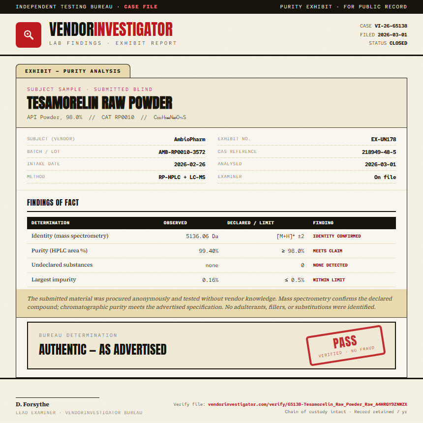 Tesamorelin Raw Powder Purity (HPLC) report by VendorInvestigator
