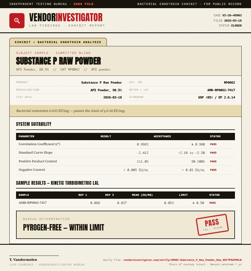 Substance P Raw Powder Endotoxin report by VendorInvestigator