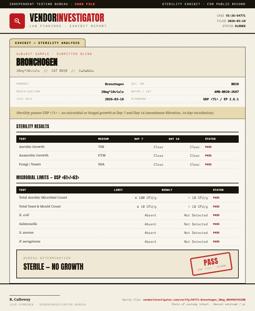 Bronchogen Sterility report by VendorInvestigator